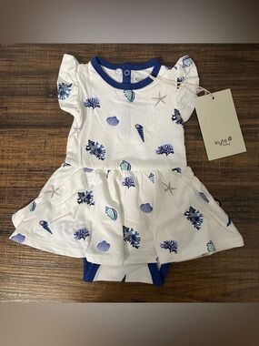 Kyte BABY White and Blue Seashell Ruffle Romper